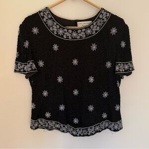 Papell Boutique Black Top with Silver Floral Embroidery